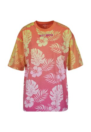Short-sleeve, oversized t-shirt in gradient orange and yellow with white tropical floral patterns. Features "JUST RHYSE" text in purple.