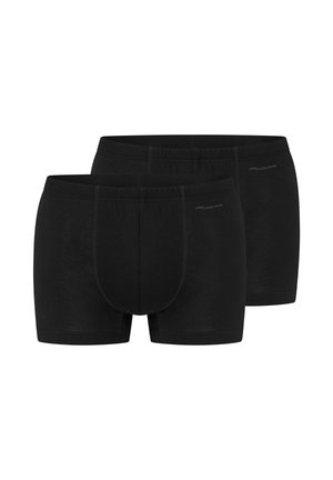 Twee paar zwarte herenhboxershorts van casual katoen, getoond van voren en achteren met zichtbare stikseldetails.