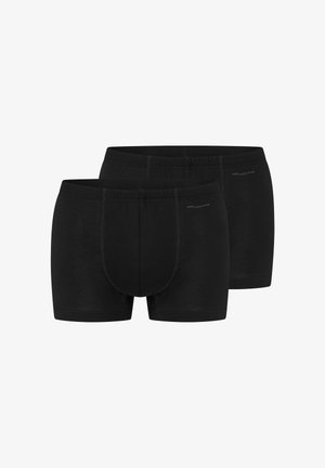 Twee paar zwarte herenhboxershorts van casual katoen, getoond van voren en achteren met zichtbare stikseldetails.
