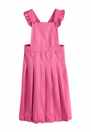 Rosa ärmelloses Latzkleid mit gerafften Trägern, plissiertem Rock, Metallknöpfen an den Trägern und kleinem herzförmigem Anhänger am Taillenband.