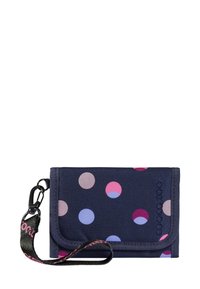 Navy blue fabric wallet with pink and purple polka dots, black wrist strap with pink text, and "coocazoo" logo on front flap.