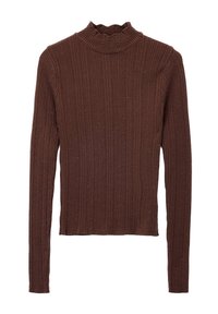 Haut à manches longues côtelé brun avec un col froncé haut. Fabriqué en tissu texturé, il présente une coupe slim et des détails de flocons subtils tout au long.