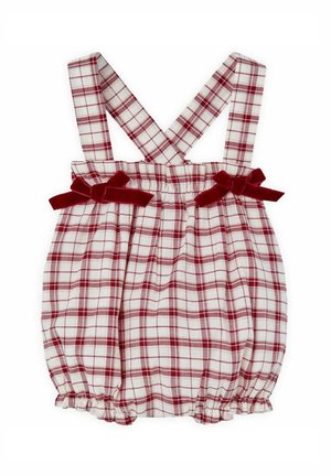 Salopette à carreaux rouges et blancs avec des bretelles croisées, taille élastiquée, et nœuds en velours de chaque côté, présentant des ouvertures de jambes froncées.