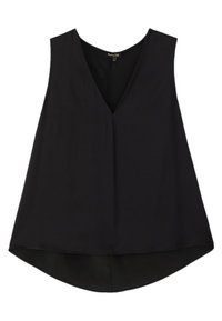 Haut sans manches noir en tissu lisse, avec un col en V profond et un ourlet courbé plus long à l'arrière. Design simple et minimaliste.