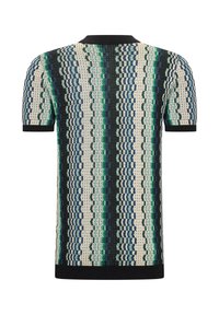 Pletená polo tričko s vertikálním pruhovaným vzorem v zelených, modrých a černých tónech, s černým límcem a krátkými rukávy. Texturovaná tkanina.