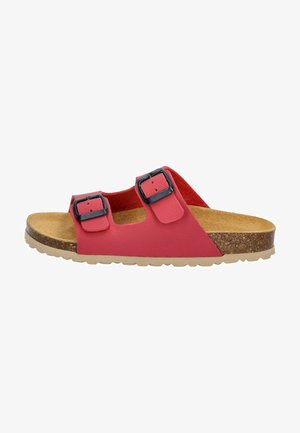 Rote Slipper-Sandale mit zwei schwarzen verstellbaren Schnallen, Korkfußbett und strukturierter Gummisohle. Flaches Design geeignet für legere Anlässe.