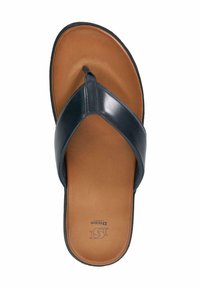 Men's navy blue flip-flop with a glossy leather upper, brown cushioned footbed, and black rubber sole. Simple thong design, lightweight and flexible.