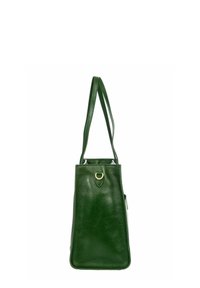 Sac à main en cuir vert foncé avec deux longues anses et un petit détail en anneau doré sur son panneau latéral, présenté de côté.