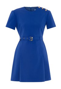 Blue short dress with short sleeves, round neckline, belt at the waist, gold button accents on the shoulder, and a zipper at the back.