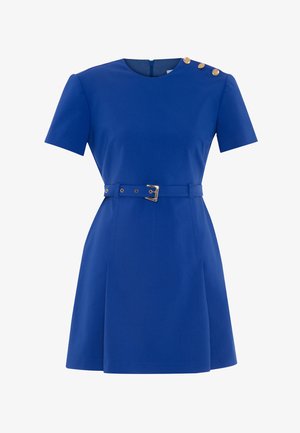 Blue short dress with short sleeves, round neckline, belt at the waist, gold button accents on the shoulder, and a zipper at the back.