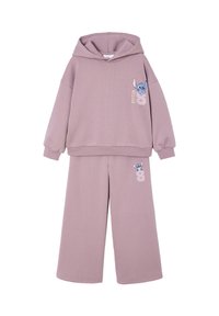 Pink sweatsuit set featuring a hooded, long-sleeve top and wide-leg pants, both with an embroidered Stitch design on the front.