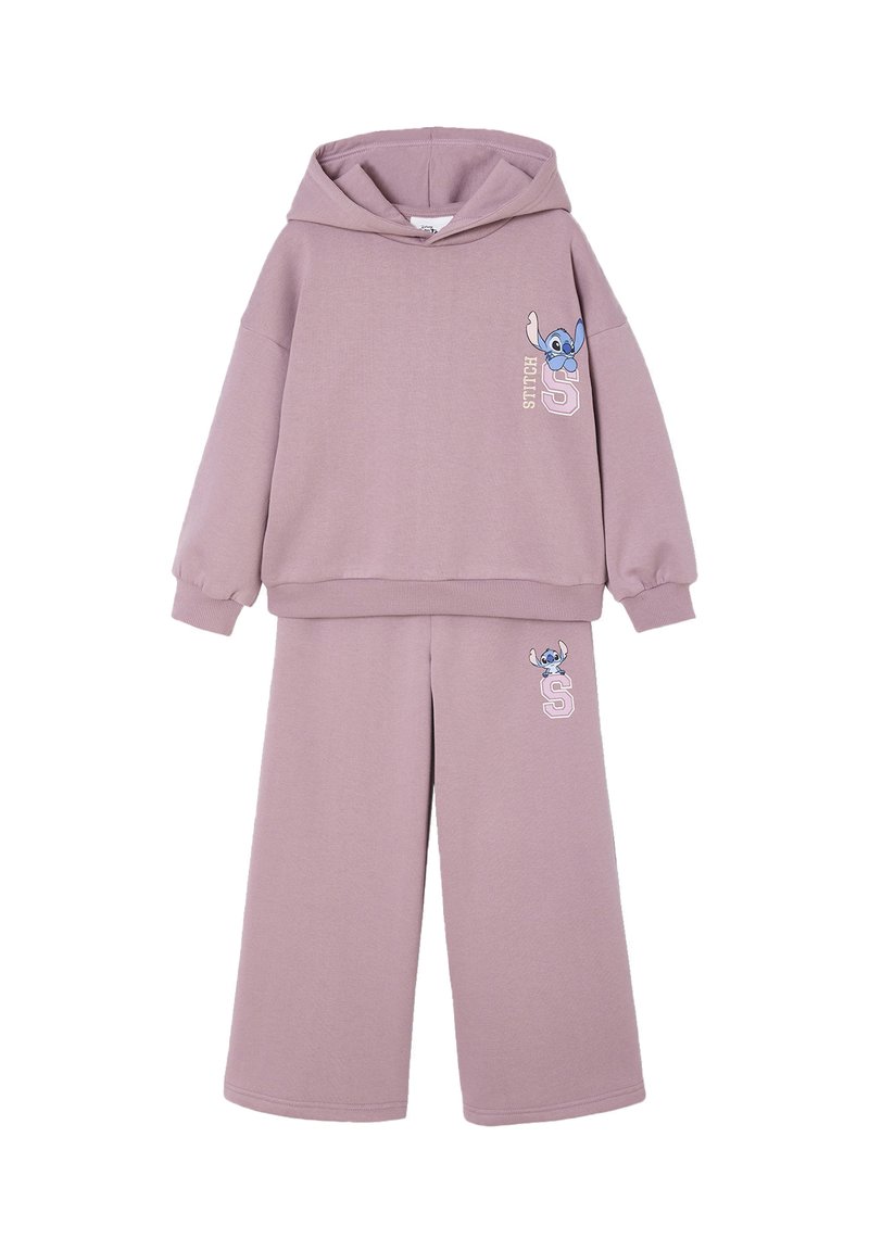 Pink sweatsuit set featuring a hooded, long-sleeve top and wide-leg pants, both with an embroidered Stitch design on the front.