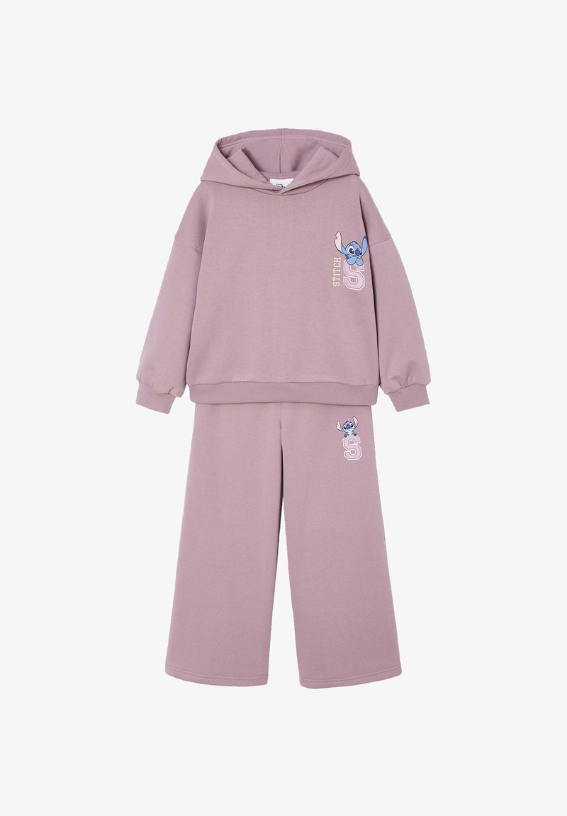 Pink sweatsuit set featuring a hooded, long-sleeve top and wide-leg pants, both with an embroidered Stitch design on the front.