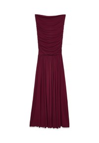 Burgundy ilmanhiha dressi, jossa on rypytetty yläosa, istuva vyötärö ja laskeutuva hame. Valmistettu sileästä kankaasta, jossa on pehmeä tekstuuri.