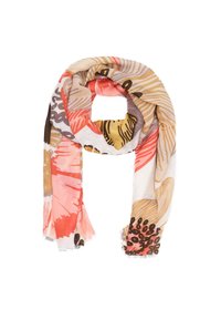 Sciarpa leggera con motivi floreali astratti nei toni di rosa, arancione, beige e marrone, con bordi frangiati e una morbida texture.