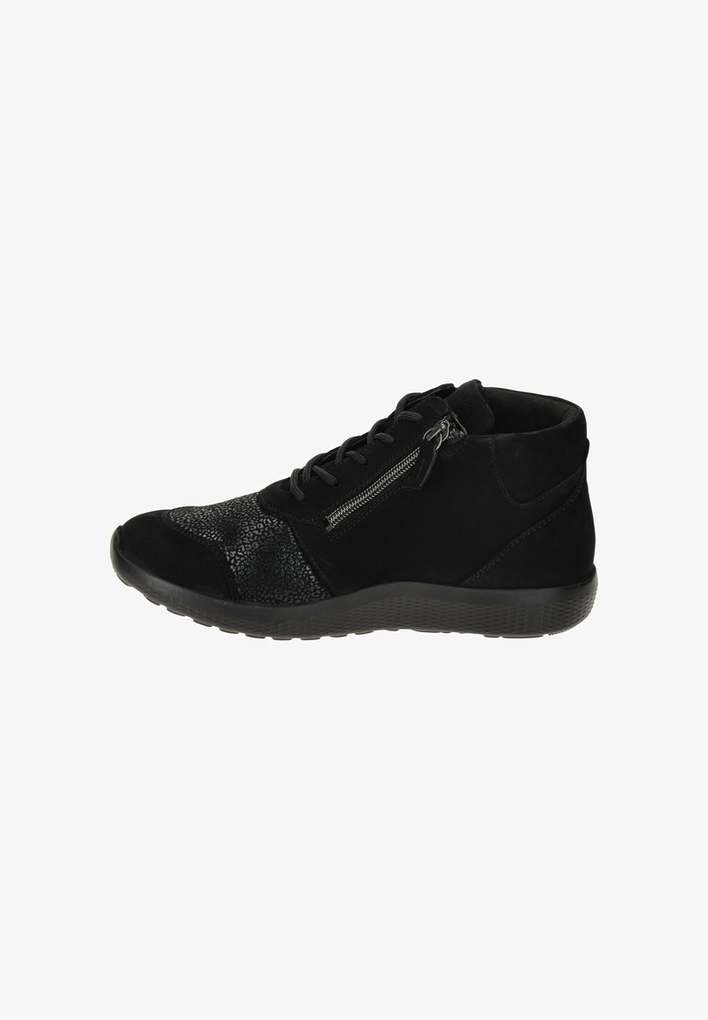 Black ankle boots featuring a mix of suede and textured upper, lace-up front, side zipper, and a flexible rubber sole.