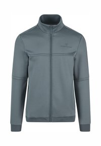 Szara kurtka zapinana na zamek, wykonana z gładkiego materiału, z stojącym kołnierzem, długimi rękawami oraz kontrastowym zszyciem wzdłuż szwów.