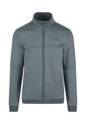 Chaqueta gris con cremallera, hecha de una tela suave, que cuenta con un cuello alto, mangas largas y costuras de contraste a lo largo de las costuras.