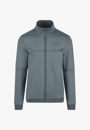 Chaqueta gris con cremallera, hecha de una tela suave, que cuenta con un cuello alto, mangas largas y costuras de contraste a lo largo de las costuras.