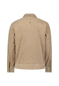 Beige corduroy jas met een kraag, knoopmanchetten en een verticale ribstructuur. Achteraanzicht met een enkele centrale knoopdetail.