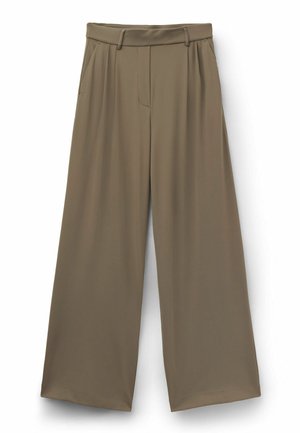 Pantalon kaki taille haute à jambes larges avec passants de ceinture, poches latérales et fermeture éclair frontale, présenté à plat sur un fond blanc.