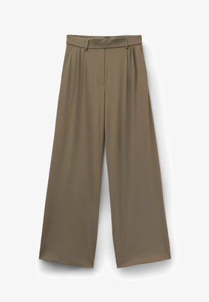 Pantalon kaki taille haute à jambes larges avec passants de ceinture, poches latérales et fermeture éclair frontale, présenté à plat sur un fond blanc.