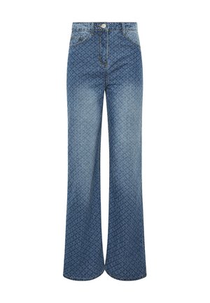 Jeans blu in denim a vita alta con gambe larghe e un sottile motivo testurizzato su tutta la superficie, con tasche anteriori e chiusura con bottoni.
