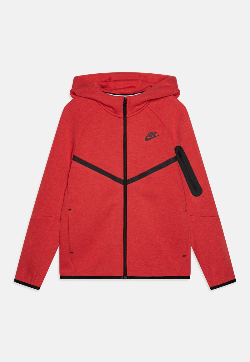 Felpa con zip Nike rossa con dettagli neri, tasche con zip frontali e sulle maniche, e logo Nike sul lato sinistro del petto.