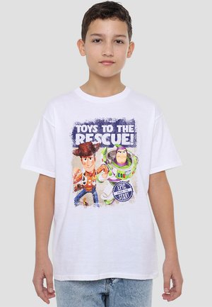 Weißes Baumwoll-T-Shirt mit einem Grafikdruck von zwei Cartoonfiguren, Woody und Buzz Lightyear, mit dem Text "SPIELZEUG ZUM RETTEN!"