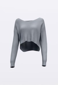 Szürke rövidített pulóver hosszú ujjakkal, bordázott textúrával, széles nyakkivágással és nyitott alsó szegéllyel. Az anyaga puha és kötött hatású.