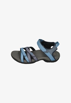 Blue and gray sport sandal with adjustable straps, rubber sole, contoured footbed, and cushioned ankle support. Features a simple, practical design.