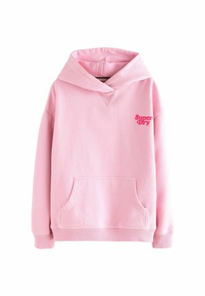 Roze katoenen hoodie met een voork pocket, ribbelmanchetten en -zoom, en een klein, geborduurd "Super Dry" logo op de borst.