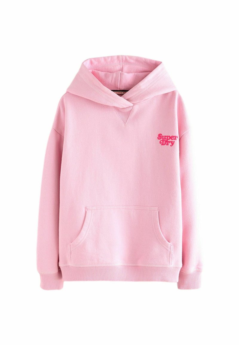 Felpa rosa in cotone con tasca frontale, polsini e orlo a coste, e un piccolo logo ricamato "Super Dry" sul petto.