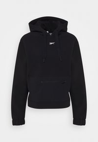 Sweat à capuche noir avec poche avant à fermeture éclair, capuche réglable par cordon et poignets côtelés. Confectionné en tissu doux avec une texture lisse.