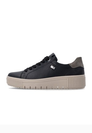 Baskets noires avec des lacets noirs, une semelle épaisse beige et un accent gris au talon, présentée en vue de profil gauche sur fond blanc.
