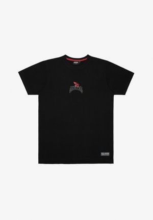 Black cotton t-shirt featuring a red and white embroidered design on the chest, crew neck, and a small brand tag on the side hem.