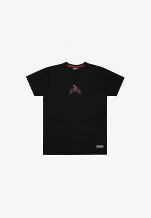 Black cotton t-shirt featuring a red and white embroidered design on the chest, crew neck, and a small brand tag on the side hem.