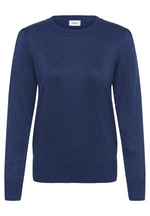 Tengerészkék hosszú ujjú kötött pulóver bordázott kerek nyakkivágással, mandzsettákkal és szegéllyel, a gallér belsejében egy kis fehér márkacímkével.
