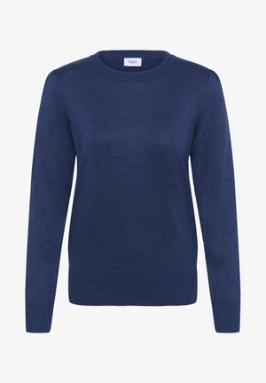 Maglione lavorato a maglia a manica lunga color blu navy con collo rotondo, polsini e orlo a coste, con una piccola etichetta bianca del marchio all'interno del colletto.
