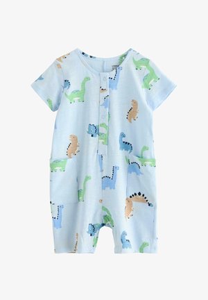 Vaaleansininen lyhythihainen vauvan haalari, jossa edessä painonapit ja värikkäät dinosauruskirjailut vihreänä, sinisenä ja beigenä, sekä kaksi etutaskua.