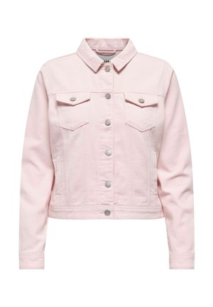 Veste en denim rose clair avec fermeture à boutons sur le devant, manches longues, deux poches poitrine à rabat avec boutons, et poches sur les coutures latérales.