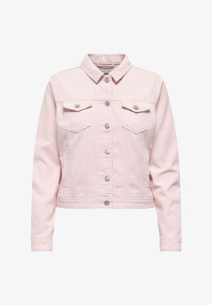 Veste en denim rose clair avec fermeture à boutons sur le devant, manches longues, deux poches poitrine à rabat avec boutons, et poches sur les coutures latérales.