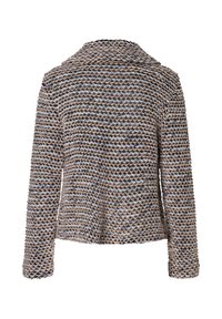 Strickjacke aus strukturiertem, mehrfarbigem Stoff mit horizontalen Streifen in Beige, Grau und Creme, langen Ärmeln und einem Kragen.