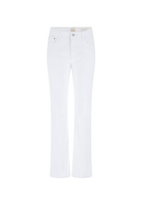 Jean blanc évasé en denim lisse, doté d'une conception classique à cinq poches, d'une fermeture à boutons et de détails de couture subtils.