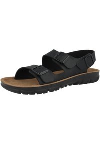 Black sandals with two adjustable straps, cushioned cork footbed, and textured rubber sole. Minimalist design, open-toe style.