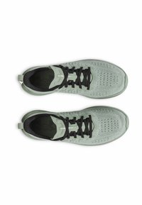 Light green athletic shoes with a breathable mesh upper, black laces, padded collar, and reinforced heel details, featuring a textured surface.