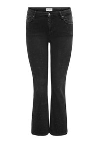 Melnas džinsa bikses ar zvīņu paplašinājumu, kurām ir izkaisīti metāliski naglu akcenti, vidēja auguma jostas vieta un klasiskā piecu kabatu dizains.