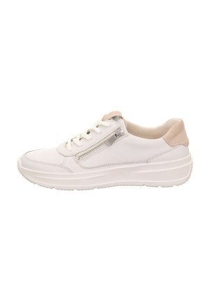 White sneaker with a textured fabric upper, tan heel accent, and a side zipper. Lace-up closure and cushioned sole design. Lightweight construction.