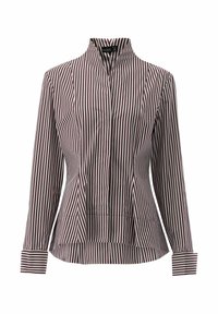 Camicia a maniche lunghe a strisce verticali bordeaux e bianche, con colletto alto, corpetto aderente e orlo svasato con pieghe.