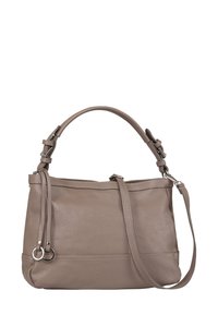 Sac à main en cuir gris avec doubles poignées, une bandoulière amovible et une surface texturée. Comprend quincaillerie et accents de couture en ton argent.